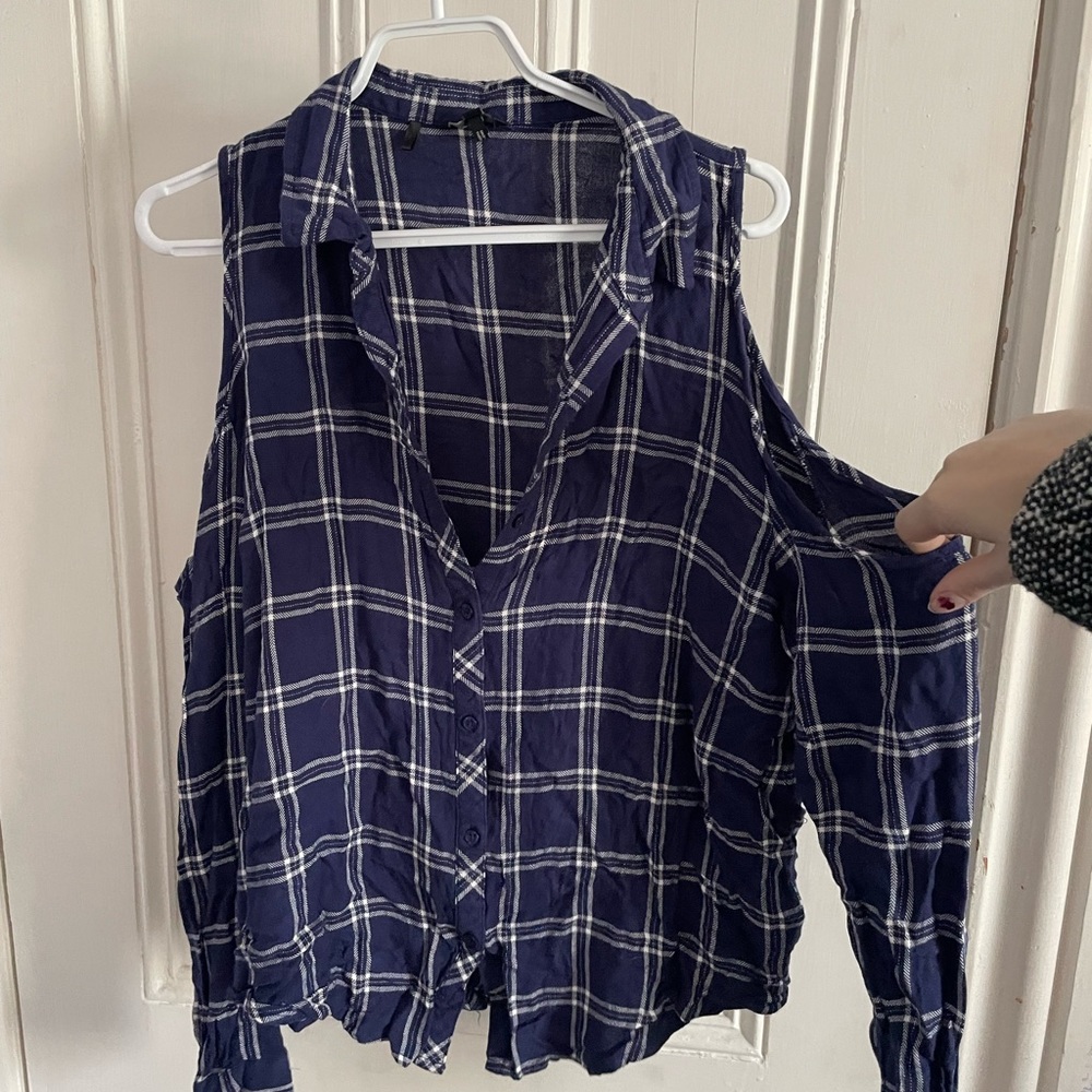 Navy Plaid Cold Shoulder Top